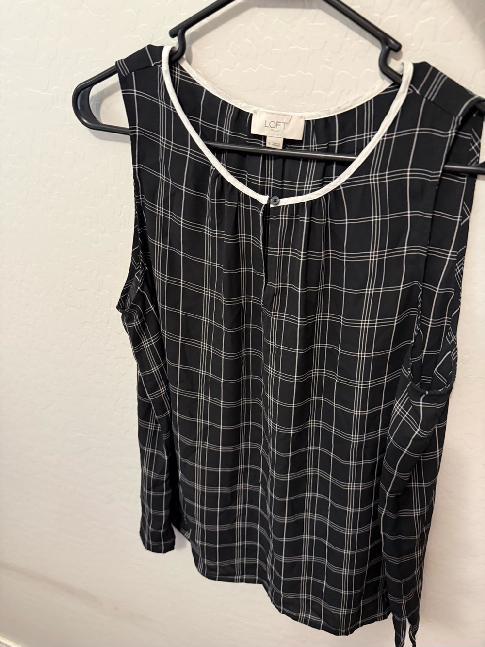 LOFT Black Plaid Sleeveless Top with White Trim